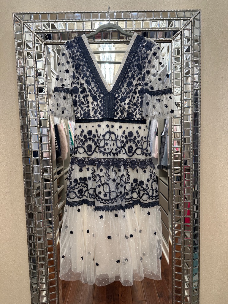 Needle & Thread Navy And White Embroidered V-Neck Midi Dress